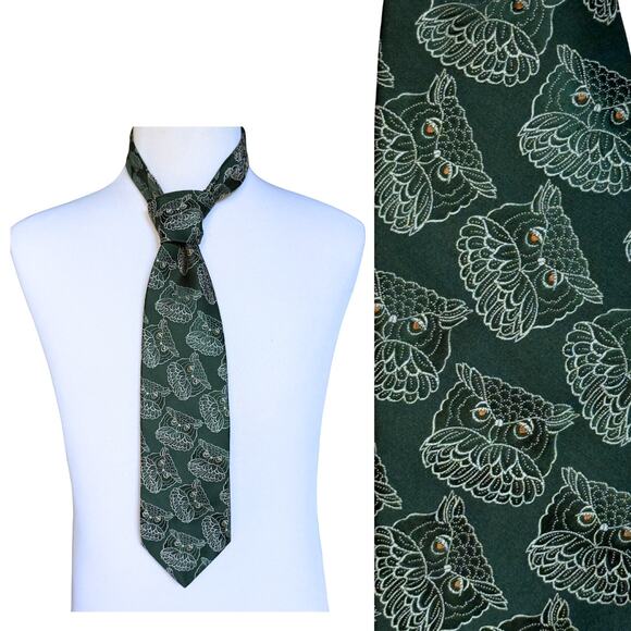 Vintage 70s Green Owl Tie Groovy Hipster Indie Alternative Collegiate Professor - Picture 2 of 7